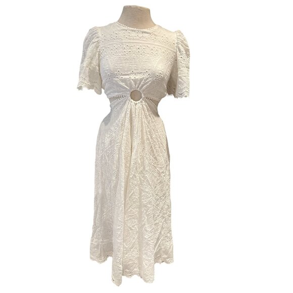 Cottage Core Amable White Eyelet Midi Dress With Puff Sleeves & Cut-Out Detail - Picture 3 of 11